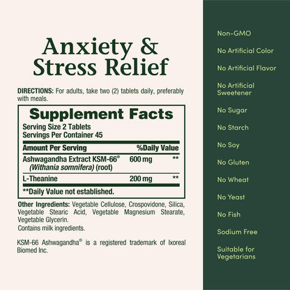 Nature's Bounty Stress Relief, Ashwagandha KSM-66, Unterstützt gelegentlichen Stressabbau, Nahrungsergänzungsmittel, 2 Tabletten täglich, Vegetarische Tabletten, Glutenfrei, 90 Stück