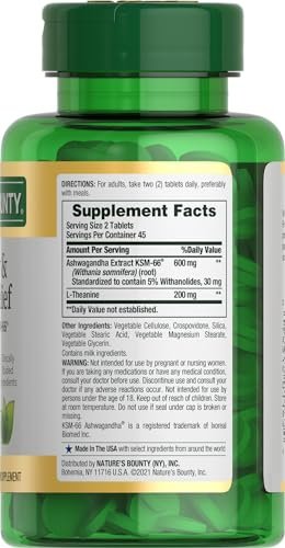 Nature's Bounty Stress Relief, Ashwagandha KSM-66, Unterstützt gelegentlichen Stressabbau, Nahrungsergänzungsmittel, 2 Tabletten täglich, Vegetarische Tabletten, Glutenfrei, 90 Stück