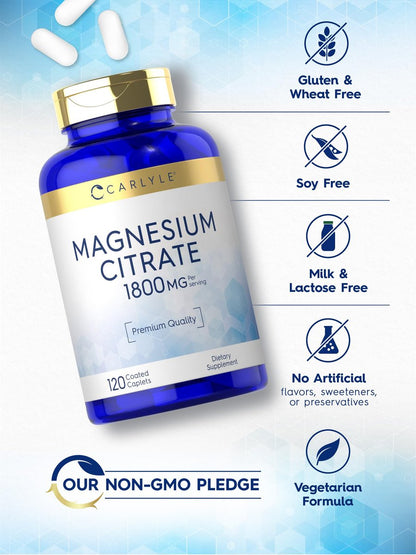 Carlyle Magnesiumcitrat | 1.800 mg | 120 überzogene Tabletten | Vegetarisches, nicht-GVO, glutenfreies Nahrungsergänzungsmittel