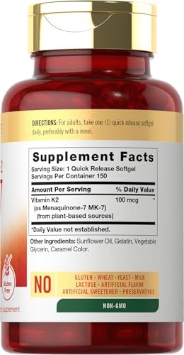 Carlyle Vitamin K2 MK7 100 mcg – 150 Softgels – Bioaktive Trans-Form MK7 – Nicht-GVO & Glutenfrei
