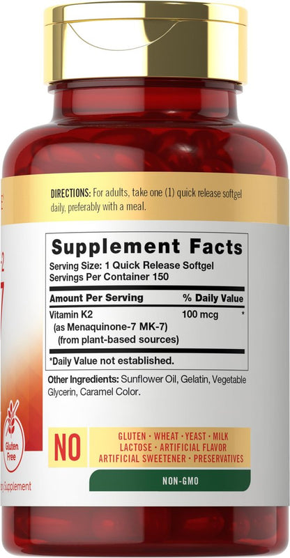Carlyle Vitamin K2 MK7 100 mcg – 150 Softgels – Bioaktive Trans-Form MK7 – Nicht-GVO & Glutenfrei
