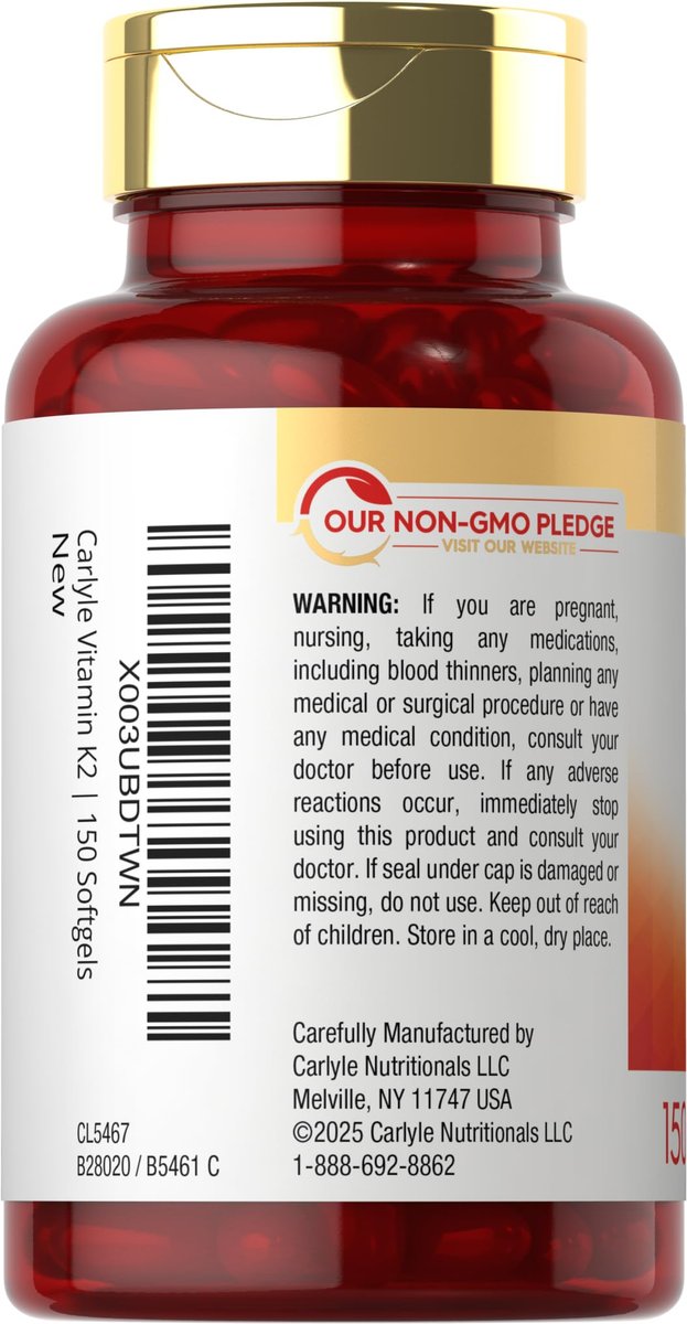 Carlyle Vitamin K2 MK7 100 mcg – 150 Softgels – Bioaktive Trans-Form MK7 – Nicht-GVO & Glutenfrei