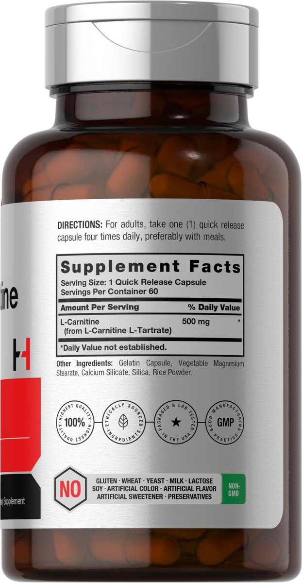 Horbäach L-Carnitin Kapseln 500 mg | 60 Kapseln | als L-Carnitin L-Tartrat | Non-GMO & Glutenfrei