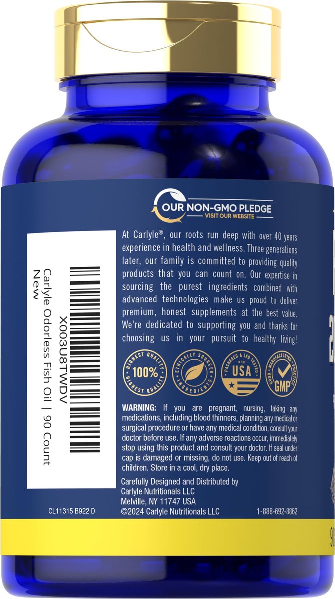 Carlyle Fischöl 2000mg | 600mg Omega 3 Supplement für Männer & Frauen | 90 geruchlose Weichkapseln mit Zitronengeschmack | Non-GMO und Glutenfrei