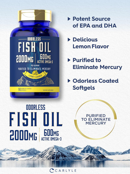 Carlyle Fischöl 2000mg | 600mg Omega 3 Supplement für Männer & Frauen | 90 geruchlose Weichkapseln mit Zitronengeschmack | Non-GMO und Glutenfrei