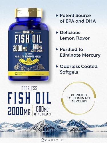 Carlyle Fischöl 2000mg | 600mg Omega 3 Supplement für Männer & Frauen | 90 geruchlose Weichkapseln mit Zitronengeschmack | Non-GMO und Glutenfrei