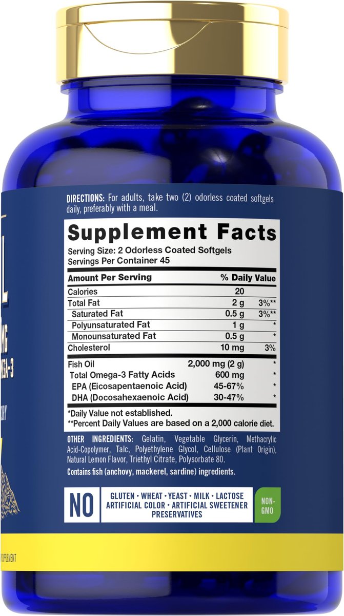 Carlyle Fischöl 2000mg | 600mg Omega 3 Supplement für Männer & Frauen | 90 geruchlose Weichkapseln mit Zitronengeschmack | Non-GMO und Glutenfrei