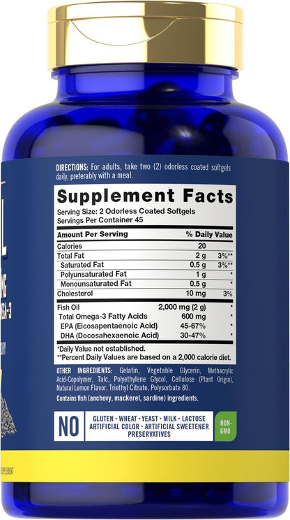Carlyle Fischöl 2000mg | 600mg Omega 3 Supplement für Männer & Frauen | 90 geruchlose Weichkapseln mit Zitronengeschmack | Non-GMO und Glutenfrei