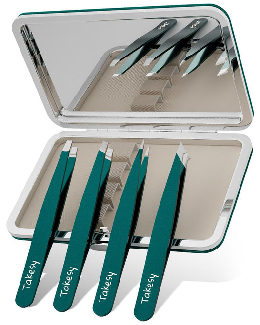 Upgraded Sharp Precision Pinzette für Gesichtshaare & Kinnhaare, schräges Design für Damen & Herren Augenbrauenzupfer, mit Reise-Spiegel-Etui (Grün)
