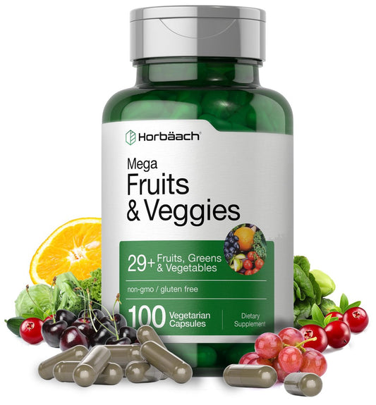 Horbäach Mega Früchte und Gemüse Ergänzung | 100 Kapseln | Vegetarisch, Nicht-GVO und Glutenfrei