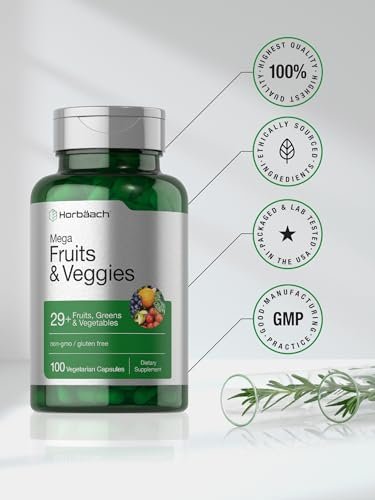 Horbäach Mega Früchte und Gemüse Ergänzung | 100 Kapseln | Vegetarisch, Nicht-GVO und Glutenfrei