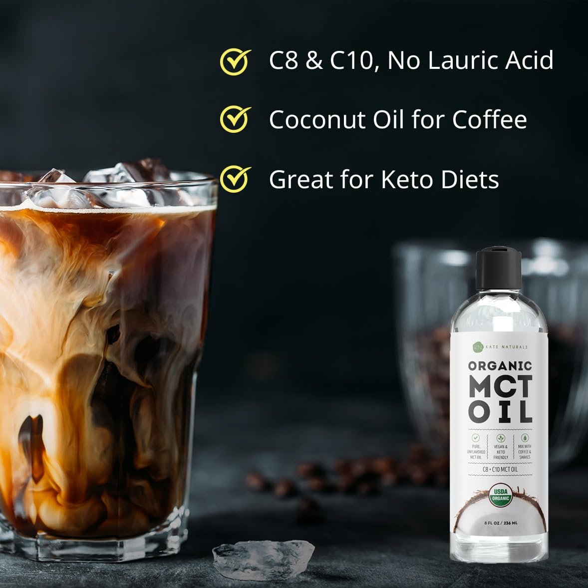 Kate Naturals MCT Öl für Kaffee – Reines Kokosnuss-MCT-Öl C8 und C10 (240 ml, Bio, ungewürzt)