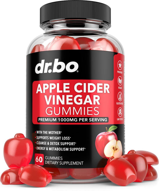 DR. BO ACV Apfelessig Gummibärchen – Natürliche Unterstützung für Gewichtsverlust, Entgiftung, Verdauung und Darmgesundheit – 1000 mg Apfelessig mit der Mutter – 60 Stück