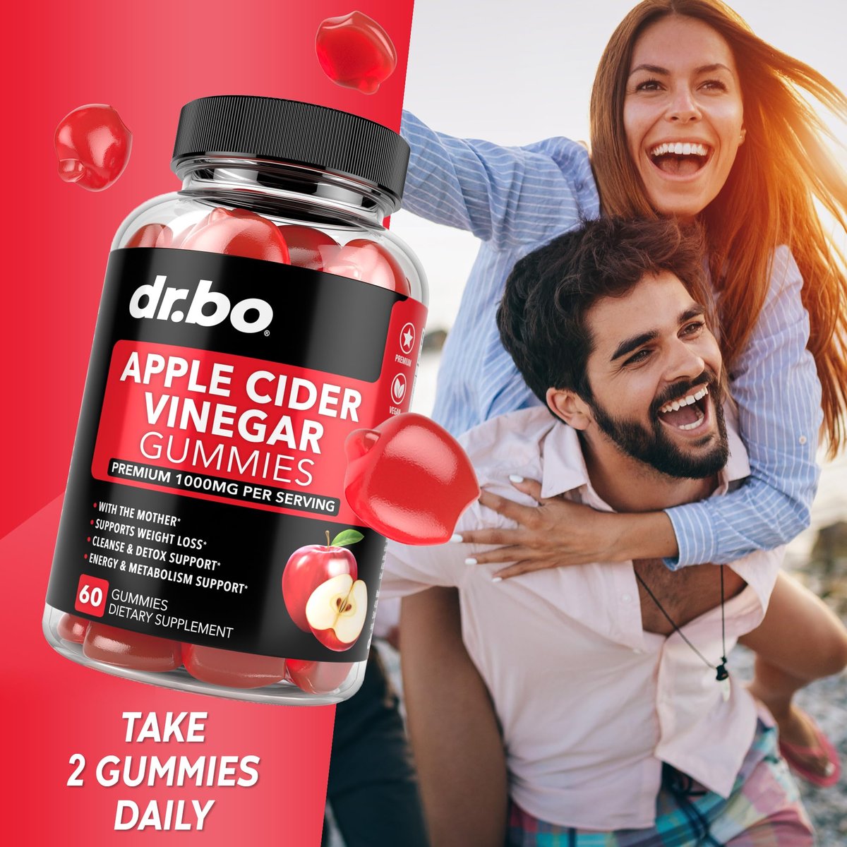 DR. BO ACV Apfelessig Gummibärchen – Natürliche Unterstützung für Gewichtsverlust, Entgiftung, Verdauung und Darmgesundheit – 1000 mg Apfelessig mit der Mutter – 60 Stück