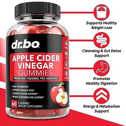 DR. BO ACV Apfelessig Gummibärchen – Natürliche Unterstützung für Gewichtsverlust, Entgiftung, Verdauung und Darmgesundheit – 1000 mg Apfelessig mit der Mutter – 60 Stück
