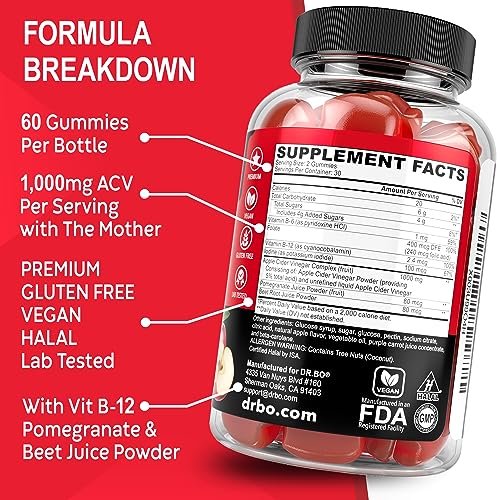 DR. BO ACV Apfelessig Gummibärchen – Natürliche Unterstützung für Gewichtsverlust, Entgiftung, Verdauung und Darmgesundheit – 1000 mg Apfelessig mit der Mutter – 60 Stück
