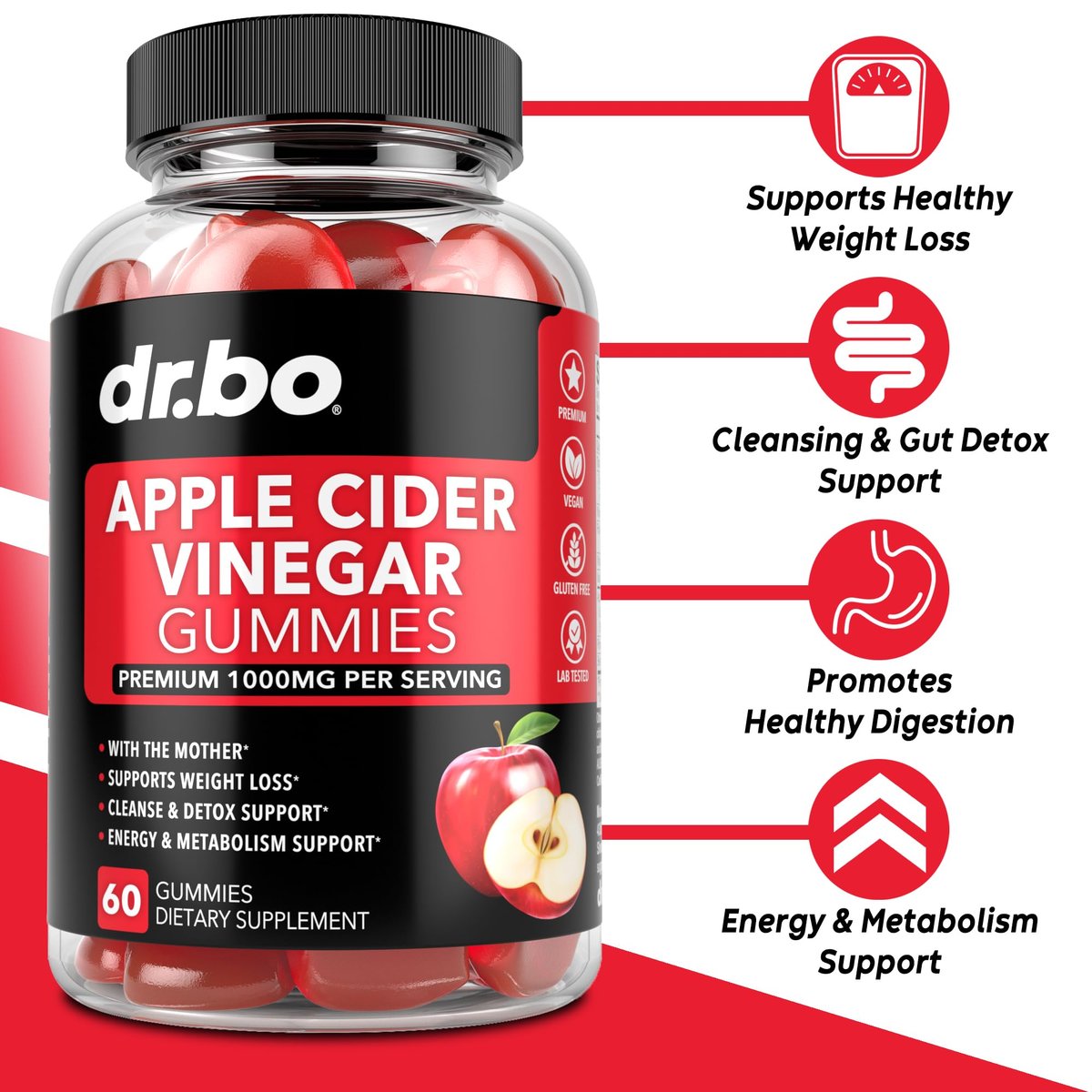 DR. BO ACV Apfelessig Gummibärchen – Natürliche Unterstützung für Gewichtsverlust, Entgiftung, Verdauung und Darmgesundheit – 1000 mg Apfelessig mit der Mutter – 60 Stück