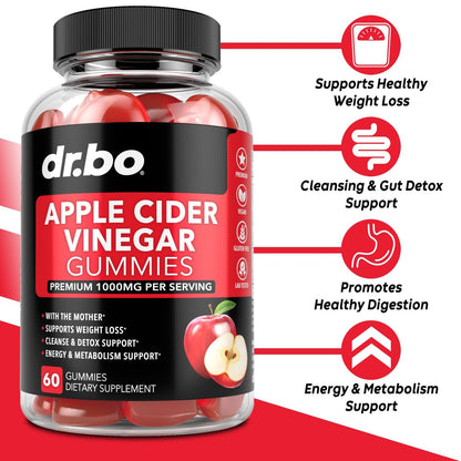 DR. BO ACV Apfelessig Gummibärchen – Natürliche Unterstützung für Gewichtsverlust, Entgiftung, Verdauung und Darmgesundheit – 1000 mg Apfelessig mit der Mutter – 60 Stück