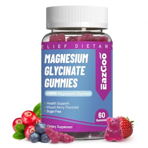 EAZGOO Magnesium Glycinat Gummies 400mg mit L-Threonin 200mg – Zuckerfreies Magnesium-Kalium-Präparat mit Vitamin D, B6, CoQ10 für Muskeln – 60 gemischte Beeren-Gummis