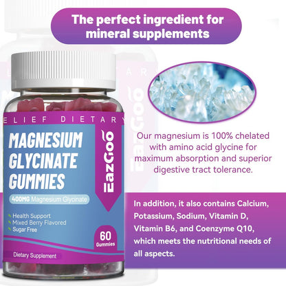 EAZGOO Magnesium Glycinat Gummies 400mg mit L-Threonin 200mg – Zuckerfreies Magnesium-Kalium-Präparat mit Vitamin D, B6, CoQ10 für Muskeln – 60 gemischte Beeren-Gummis