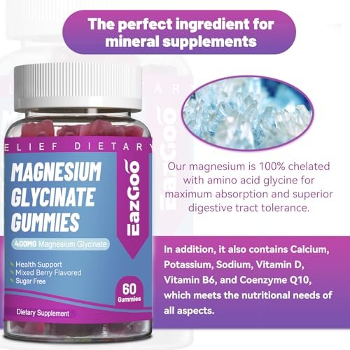 EAZGOO Magnesium Glycinat Gummies 400mg mit L-Threonin 200mg – Zuckerfreies Magnesium-Kalium-Präparat mit Vitamin D, B6, CoQ10 für Muskeln – 60 gemischte Beeren-Gummis