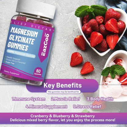EAZGOO Magnesium Glycinat Gummies 400mg mit L-Threonin 200mg – Zuckerfreies Magnesium-Kalium-Präparat mit Vitamin D, B6, CoQ10 für Muskeln – 60 gemischte Beeren-Gummis