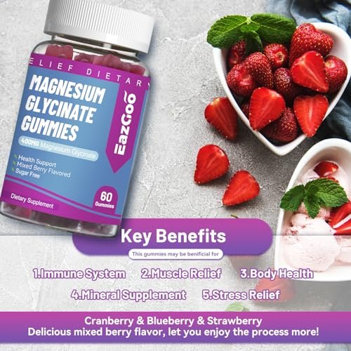 EAZGOO Magnesium Glycinat Gummies 400mg mit L-Threonin 200mg – Zuckerfreies Magnesium-Kalium-Präparat mit Vitamin D, B6, CoQ10 für Muskeln – 60 gemischte Beeren-Gummis