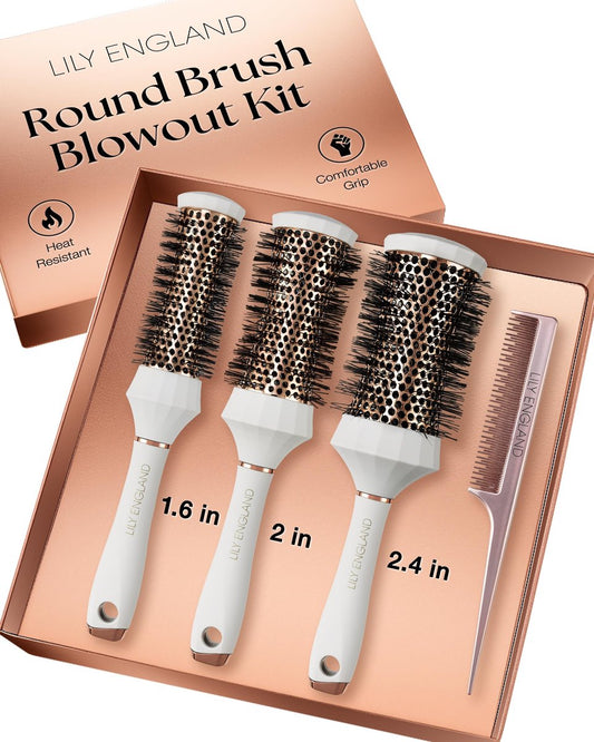 Lily England Runder Haarbürsten-Set, 4-teiliges Profi-Föhnset mit 3 Runden Bürsten und Kamm für Styling, Beauty-Geschenkset für Frauen (Weiß)