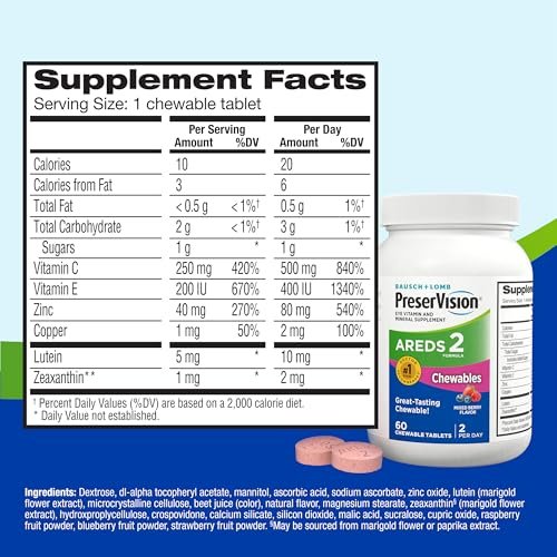 PreserVision AREDS 2 Augenvitamine, von Augenärzten empfohlen, Kaubare Luthein- und Zeaxanthin-Tabletten mit Vitamin C, Vitamin E, Zink und Kupfer, gemischte Beeren, 70 Tabletten