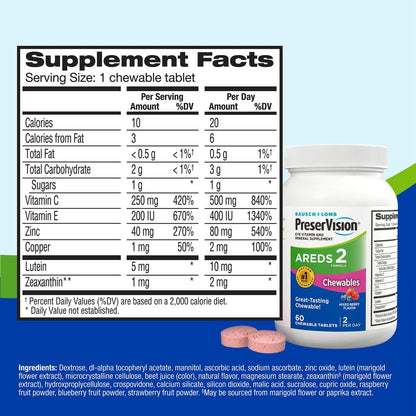 PreserVision AREDS 2 Augenvitamine, von Augenärzten empfohlen, Kaubare Luthein- und Zeaxanthin-Tabletten mit Vitamin C, Vitamin E, Zink und Kupfer, gemischte Beeren, 70 Tabletten