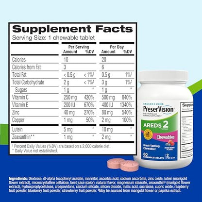 PreserVision AREDS 2 Augenvitamine – Lutin & Zeaxanthin Kautabletten mit Vitamin C, E, Zink & Kupfer, gemischte Beere, 60 Tabletten