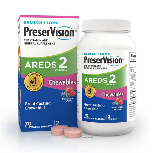 PreserVision AREDS 2 Augenvitamine, von Augenärzten empfohlen, Kaubare Luthein- und Zeaxanthin-Tabletten mit Vitamin C, Vitamin E, Zink und Kupfer, gemischte Beeren, 70 Tabletten