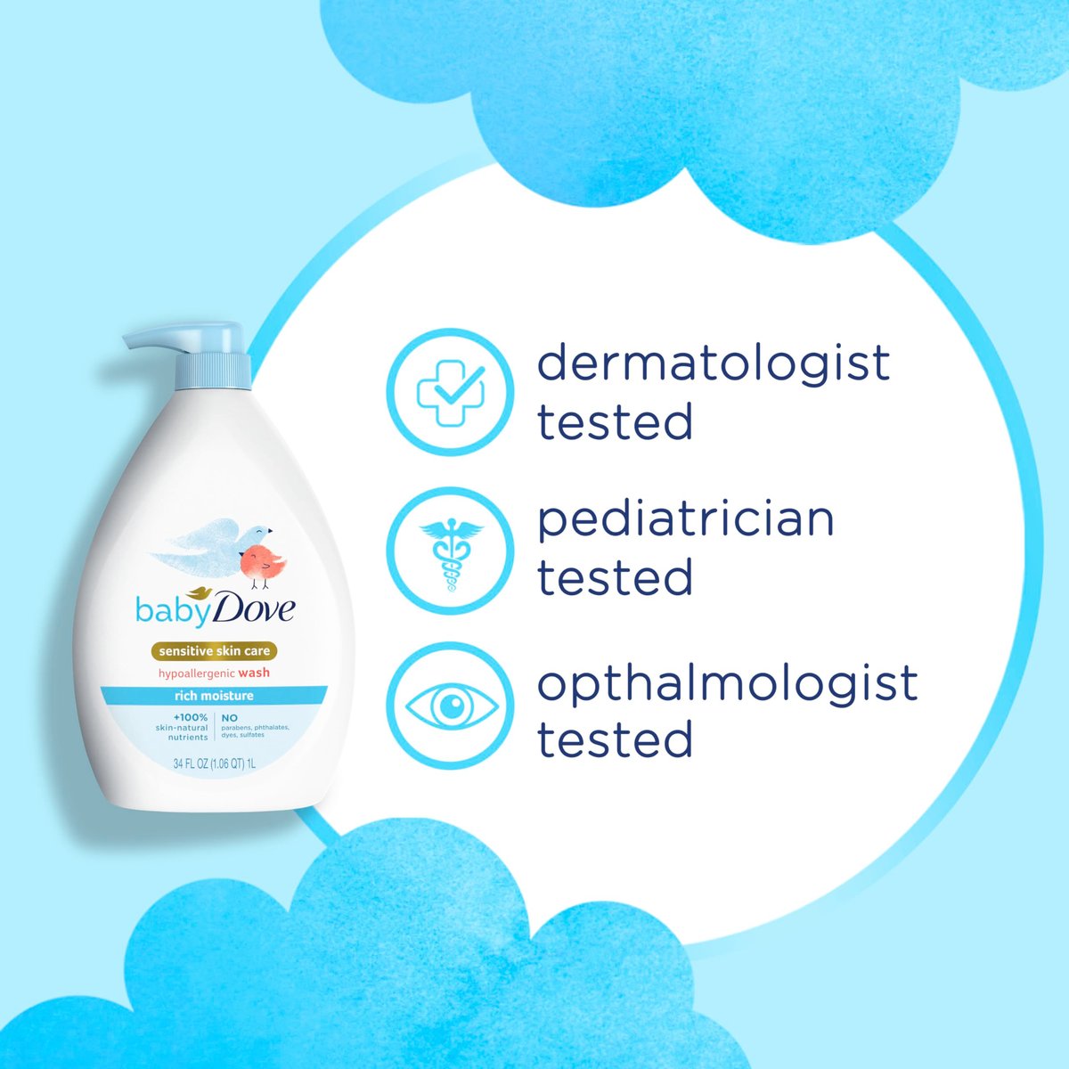 Baby Dove Sensitive Skin Feuchtigkeitsspendendes Duschgel | Tränenfrei & Hypoallergen | Pädiatrisch getestet | 1000 ml