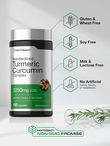 Horbäach Kurkuma Curcumin Komplex | 180 Kapseln | mit Schwarzem Pfeffer & Sauerkirsche | Nicht-GVO & Glutenfrei