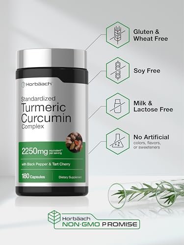 Horbäach Kurkuma Curcumin Komplex | 180 Kapseln | mit Schwarzem Pfeffer & Sauerkirsche | Nicht-GVO & Glutenfrei