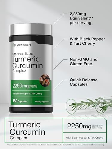 Horbäach Kurkuma Curcumin Komplex | 180 Kapseln | mit Schwarzem Pfeffer & Sauerkirsche | Nicht-GVO & Glutenfrei