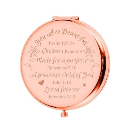 Christliche Geschenke für Teenager-Mädchen und Frauen – Taufe, Konfirmation, Weihnachten – Kompaktspiegel mit Bibelvers in Roségold
