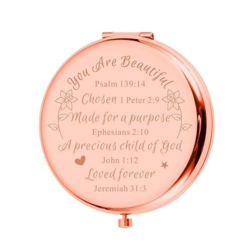 Christliche Geschenke für Teenager-Mädchen und Frauen – Taufe, Konfirmation, Weihnachten – Kompaktspiegel mit Bibelvers in Roségold