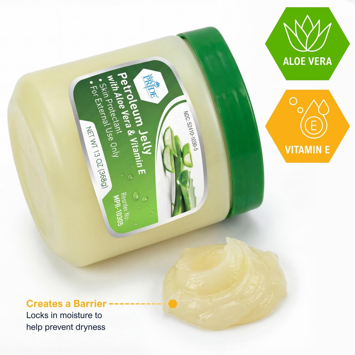 MED PRIDE Petroleum Jelly mit Aloe Vera & Vitamin E, 13 oz – Hautschutz und Feuchtigkeitscreme für trockene oder gereizte Haut, Ausschlag, rissige Lippen, kleine Schnitte, Verbrennungen und Windelausschlag