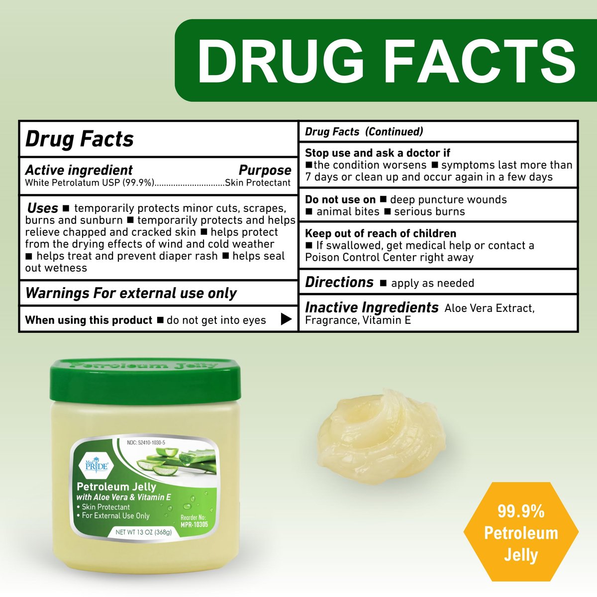 MED PRIDE Petroleum Jelly mit Aloe Vera & Vitamin E, 13 oz – Hautschutz und Feuchtigkeitscreme für trockene oder gereizte Haut, Ausschlag, rissige Lippen, kleine Schnitte, Verbrennungen und Windelausschlag