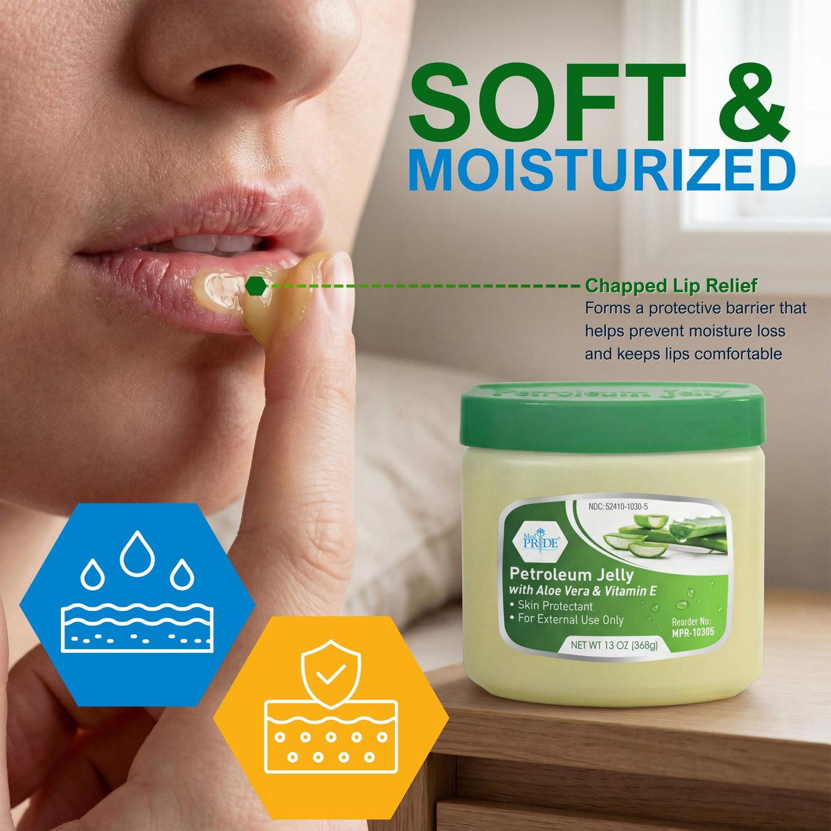 MED PRIDE Petroleum Jelly mit Aloe Vera & Vitamin E, 13 oz – Hautschutz und Feuchtigkeitscreme für trockene oder gereizte Haut, Ausschlag, rissige Lippen, kleine Schnitte, Verbrennungen und Windelausschlag