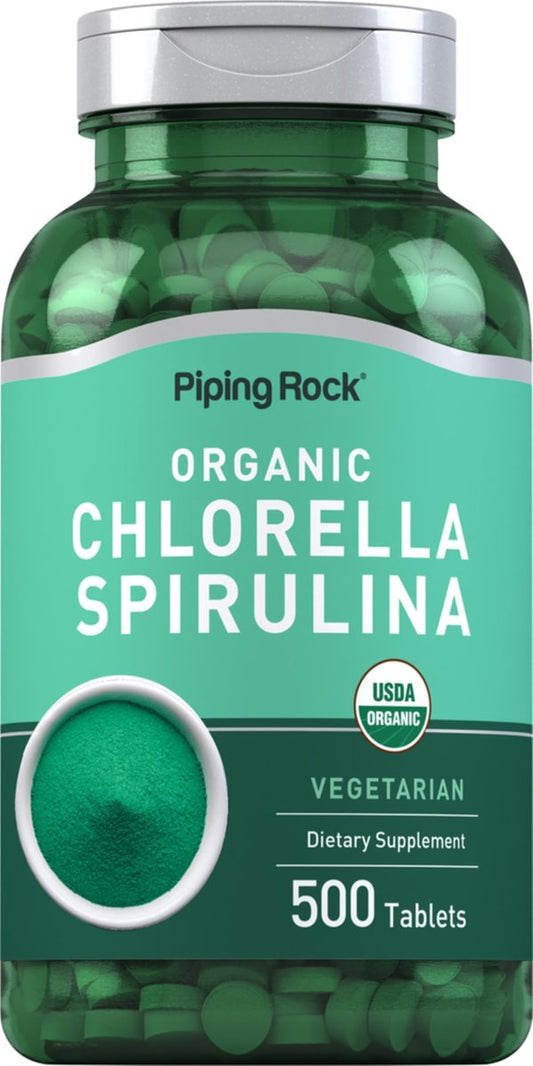 Piping Rock Bio Chlorella Spirulina | 500 Tabletten | Vegetarische Kapseln | Nahrungsergänzungsmittel, Nicht-GVO, Glutenfrei
