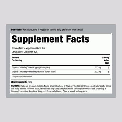 Piping Rock Bio Chlorella Spirulina | 500 Tabletten | Vegetarische Kapseln | Nahrungsergänzungsmittel, Nicht-GVO, Glutenfrei