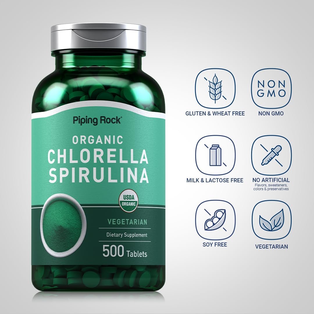 Piping Rock Bio Chlorella Spirulina | 500 Tabletten | Vegetarische Kapseln | Nahrungsergänzungsmittel, Nicht-GVO, Glutenfrei