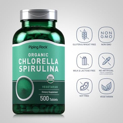 Piping Rock Bio Chlorella Spirulina | 500 Tabletten | Vegetarische Kapseln | Nahrungsergänzungsmittel, Nicht-GVO, Glutenfrei