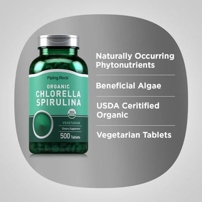 Piping Rock Bio Chlorella Spirulina | 500 Tabletten | Vegetarische Kapseln | Nahrungsergänzungsmittel, Nicht-GVO, Glutenfrei