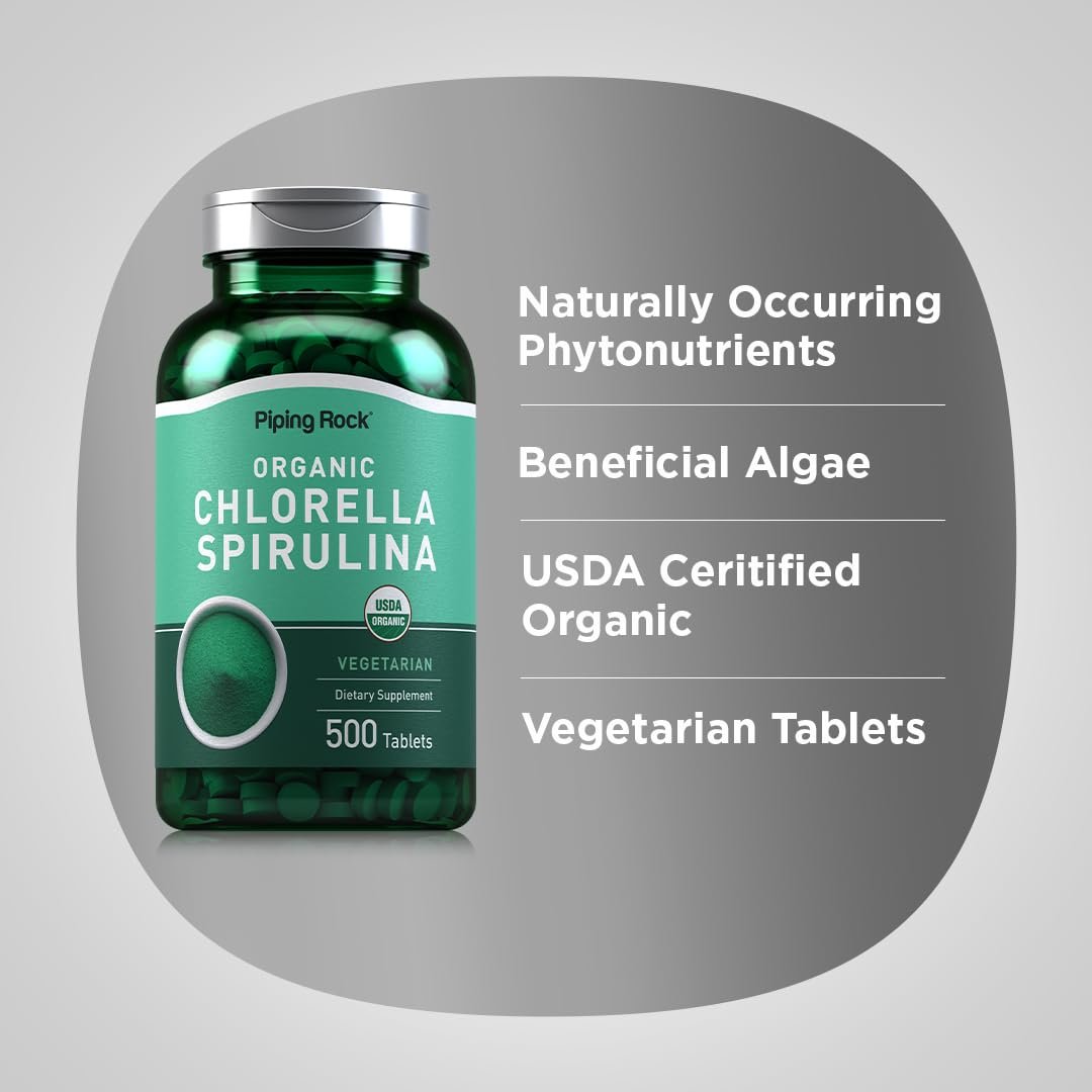 Piping Rock Bio Chlorella Spirulina | 500 Tabletten | Vegetarische Kapseln | Nahrungsergänzungsmittel, Nicht-GVO, Glutenfrei