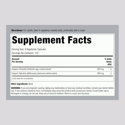 Piping Rock Bio Chlorella Spirulina | 500 Tabletten | Vegetarische Kapseln | Nahrungsergänzungsmittel, Nicht-GVO, Glutenfrei