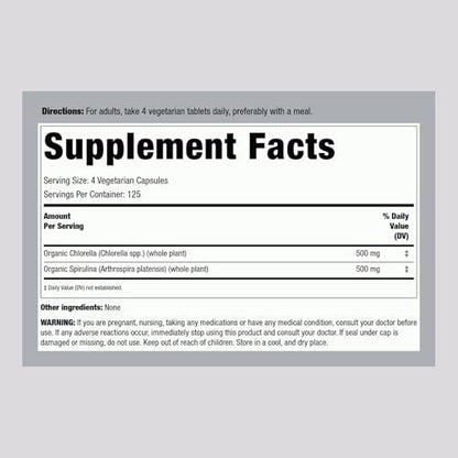 Piping Rock Bio Chlorella Spirulina | 500 Tabletten | Vegetarische Kapseln | Nahrungsergänzungsmittel, Nicht-GVO, Glutenfrei