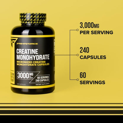 Primaforce Creatin Monohydrat Kapseln – 240 Kapseln, 3.000 mg pro Portion, glutenfrei und nicht gentechnisch verändert